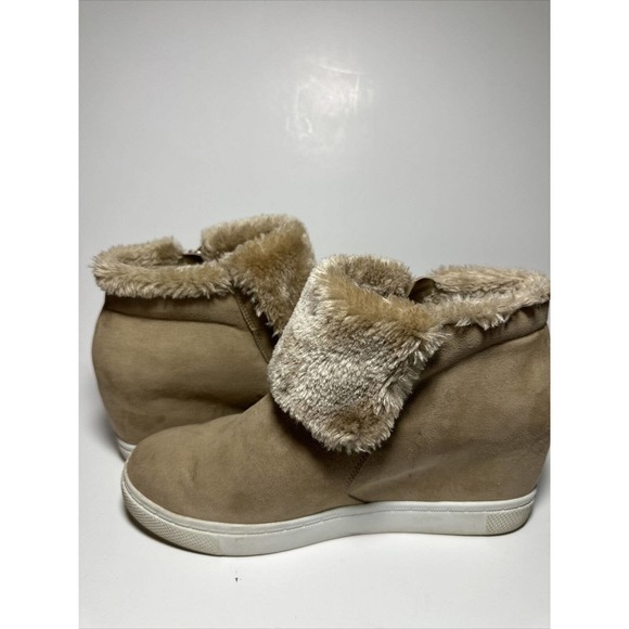 Sofft Tan Faux Suede Fur Trim‎ Wedge Ankle Booties Fashion Comfort Shoes - Picture 2 of 12